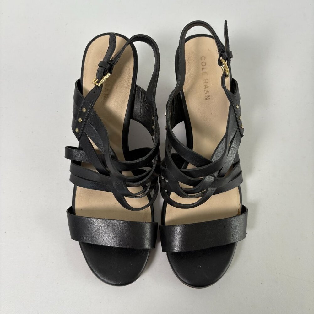 Cole Haan Mariana Wege Sandal Womens Size 8.5 B Black‎ Leather Studs Open Toe